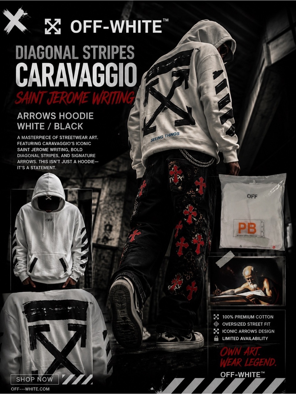 OFF-WHITE Diagonal Stripe Caravaggio Saint Jerome Writing Arrows Hoodie!🔥New! XL